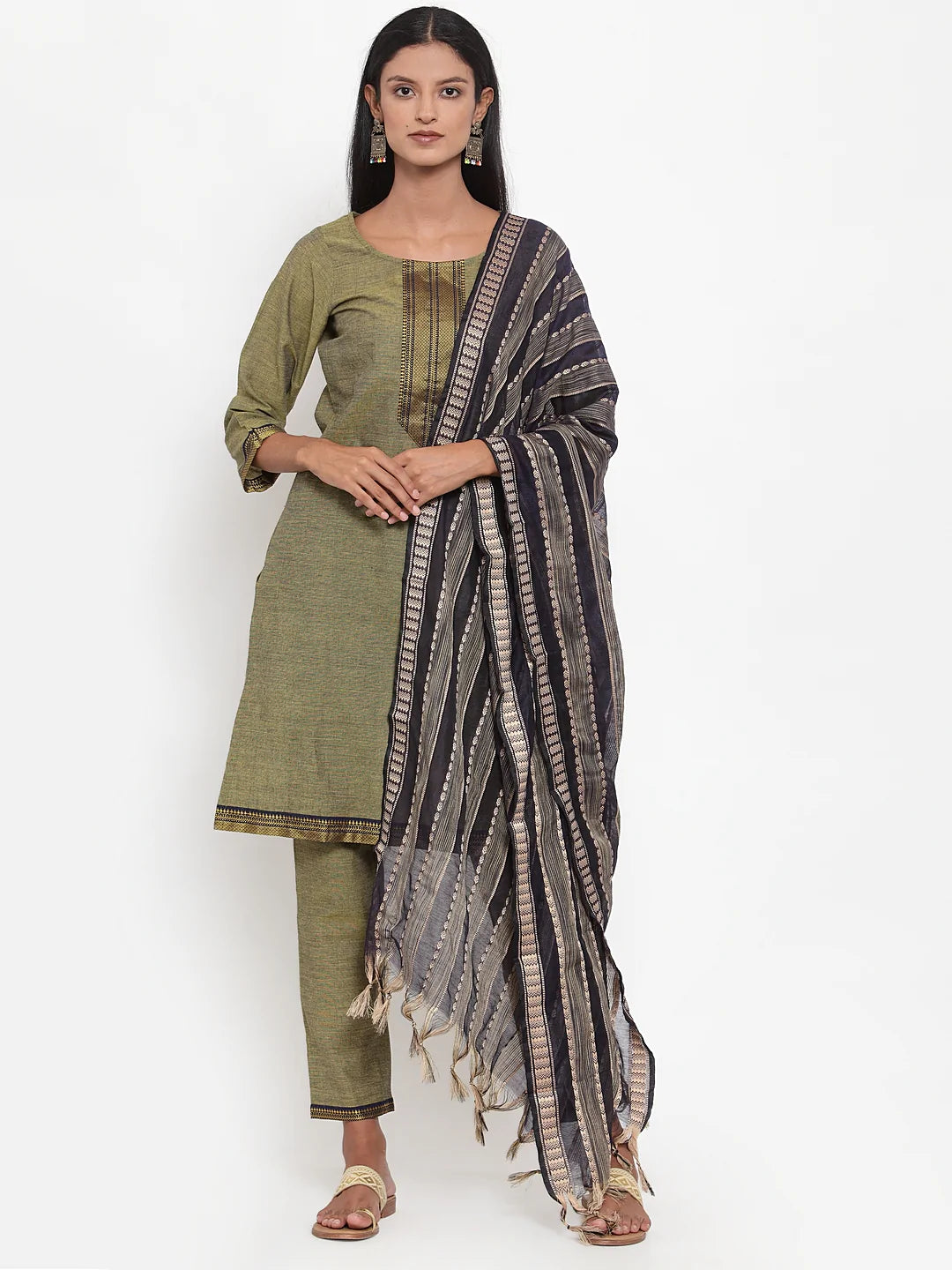 Women Mustard Solid Kurta With Trousers & Dupatta - Rasiya Trousers Business Professional