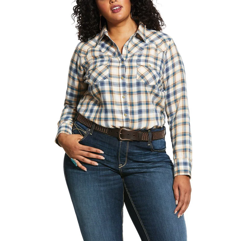 Ariat Women's Real Natural Plaid Shirt Spandex Blend Rayon Blend Denim Blend