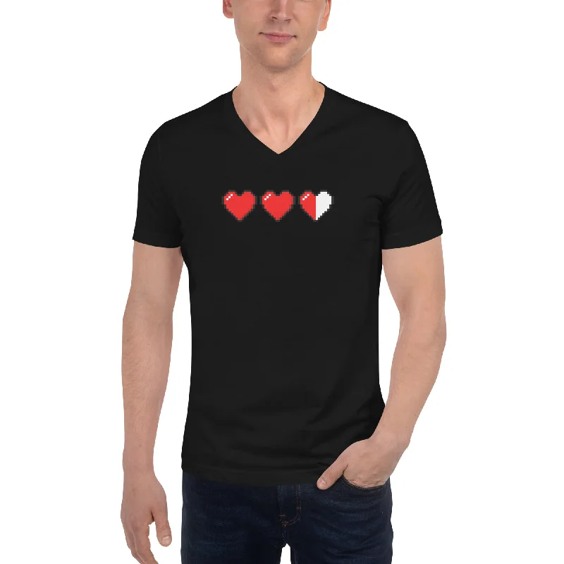 3 Heart Meter Retro 8 Bit Video Game Pixelated Short Sleeve V-Neck T-Shirt Fleece Nylon Spandex