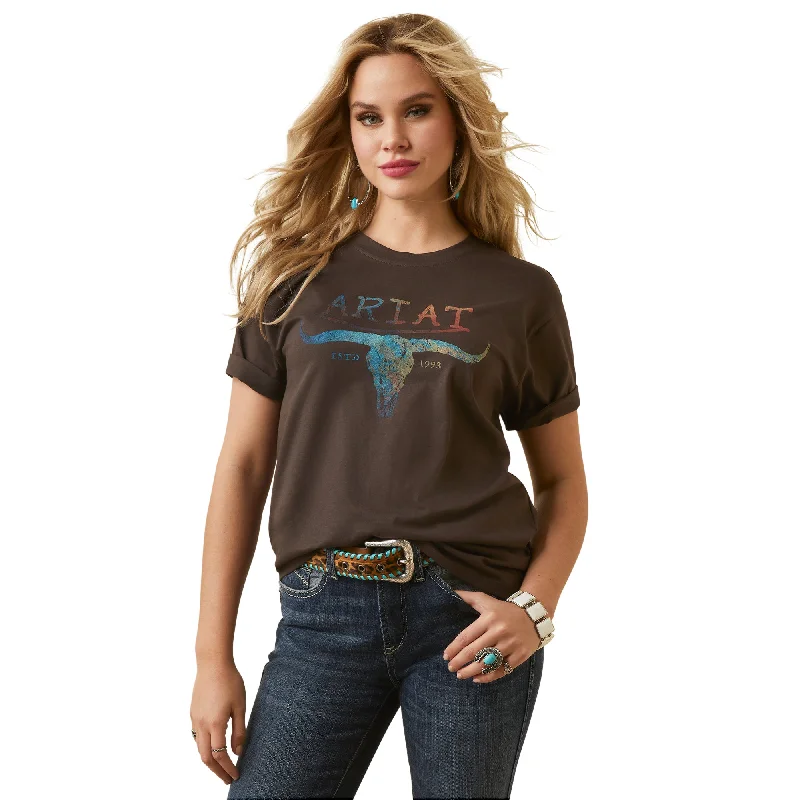 Ariat Ladies Patina Steer Graphic Washed Black T-Shirt 10046318 Denim Fabric Leather Fabric Suede Fabric