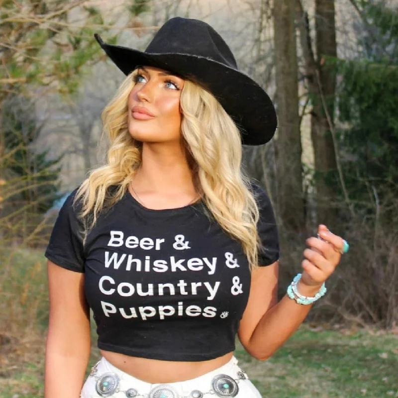 Beer & Whiskey & Country & Puppies Crop Top Tee Mesh Fabric Canvas Fabric Denim Fabric