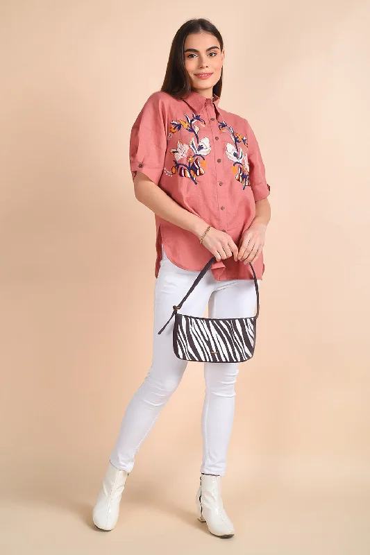 Butterfly Linen Shirt Collared T-Shirt Boat Neck A-Line