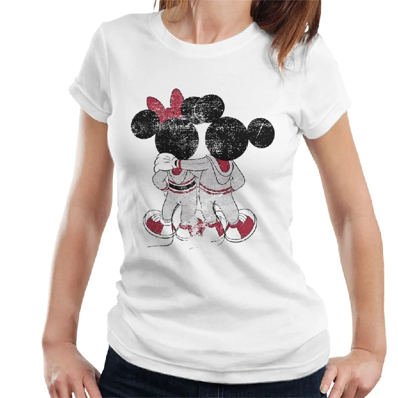 Disney Mickey And Minnie Mouse Together Distressed Back Women's T-Shirt Elasticated Padded Insulated