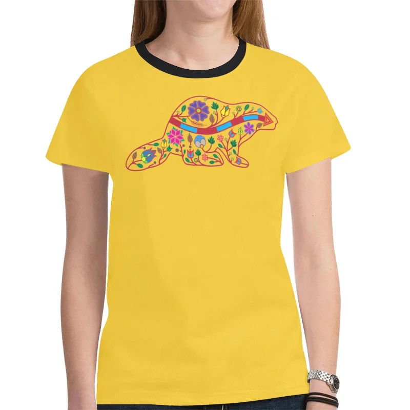 Floral Beaver Spirit Guide (Yellow) T-shirt for Women Striped Floral Plaid