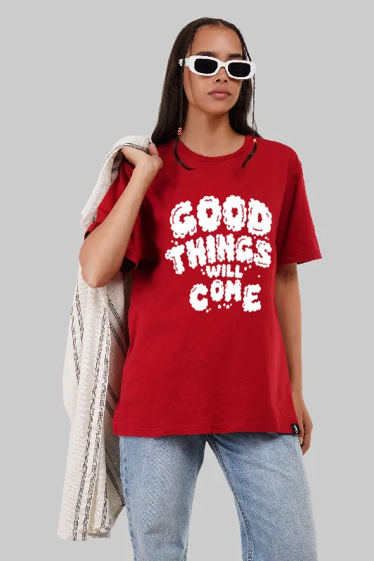 Good Things Graphic Red Boyfriend Fit T-Shirt Women Welt Pockets Slit Pockets Flap Pockets