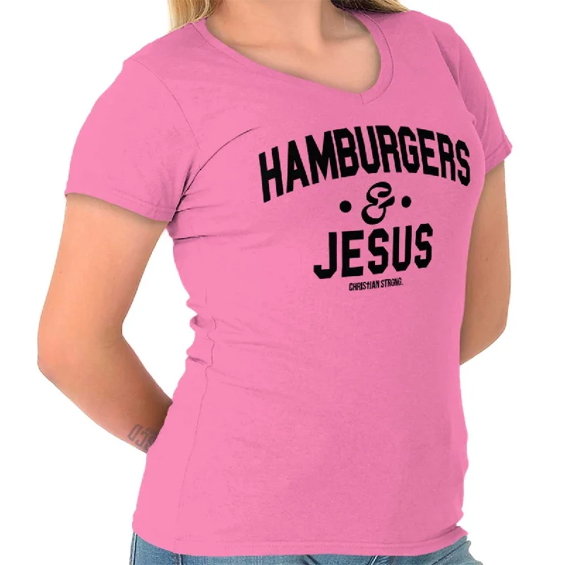 Hamburgers & Jesus Junior Fit V-Neck T-Shirt Cozy Warm Stylish