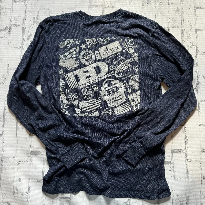 Hammer Down "Collage" Long Sleeve T-shirt - Navy Denim Fabric Leather Fabric Suede Fabric