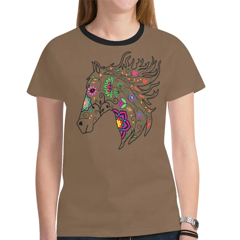 Horse Spirit Guide (Dark Brown) T-shirt for Women Zippered Buttoned Snapped