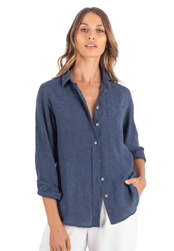 Iris Washed Blue Classic Fit Linen Shirt Terry Blend Velvet Blend Canvas Blend