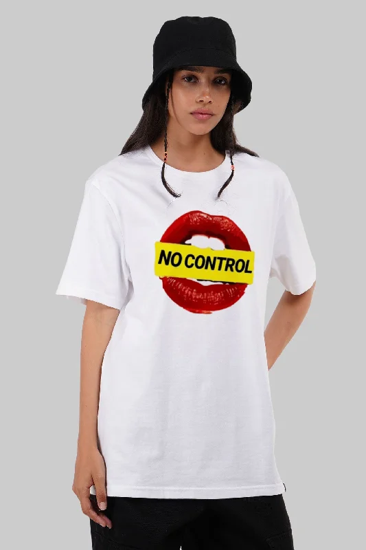 No Control On Lips White Boyfriend Fit T-Shirt Women Silk Blend Satin Velvet