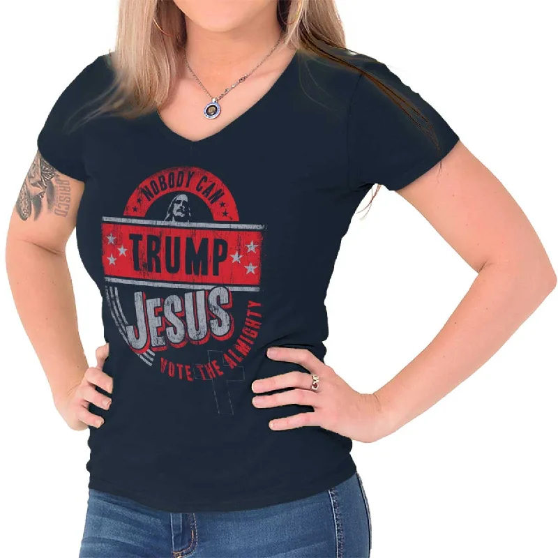 Nobody Can Trump Jesus Junior Fit V-Neck T-Shirt Hooded Caped Shawl Collar