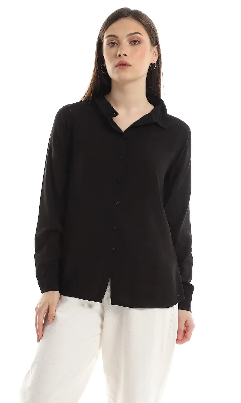 O151300 Plain Rayon Simple Buttoned Shirt - Black Notch Collar Peter Pan Collar Cowl Neck