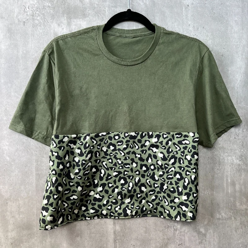 Olive Green Leopard Print Sporty Crop Tee Cozy Warm Stylish