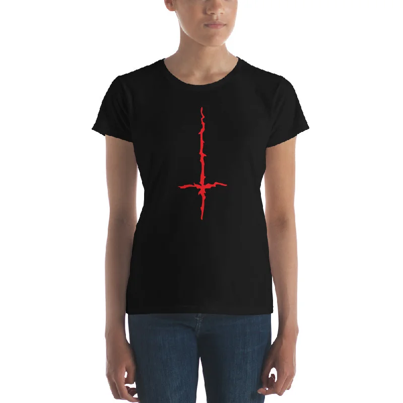 Red Melting Inverted Cross Black Metal Women's Short Sleeve Babydoll T-shirt Knit Fabric Woven Fabric Fleece Fabric