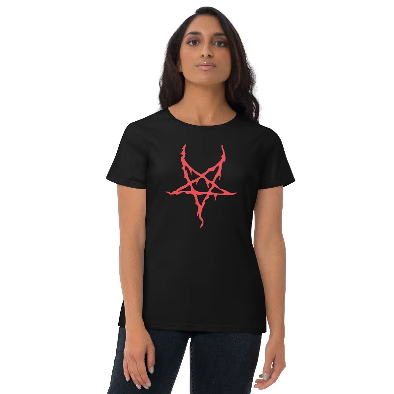 Red Melting Inverted Pentagram Black Metal Women's Short Sleeve Babydoll T-shirt Welt Pockets Slit Pockets