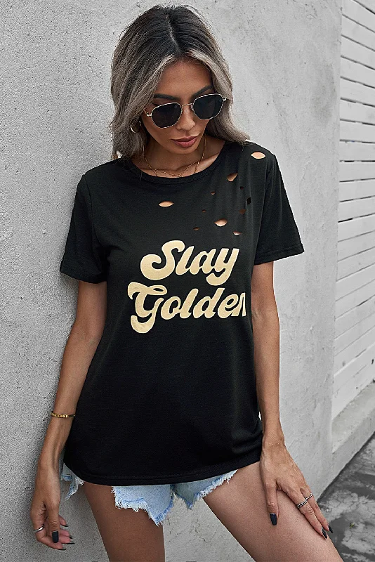 SLAY GOLDEN Distressed Round Neck Tee Embroidered Appliqued Beaded