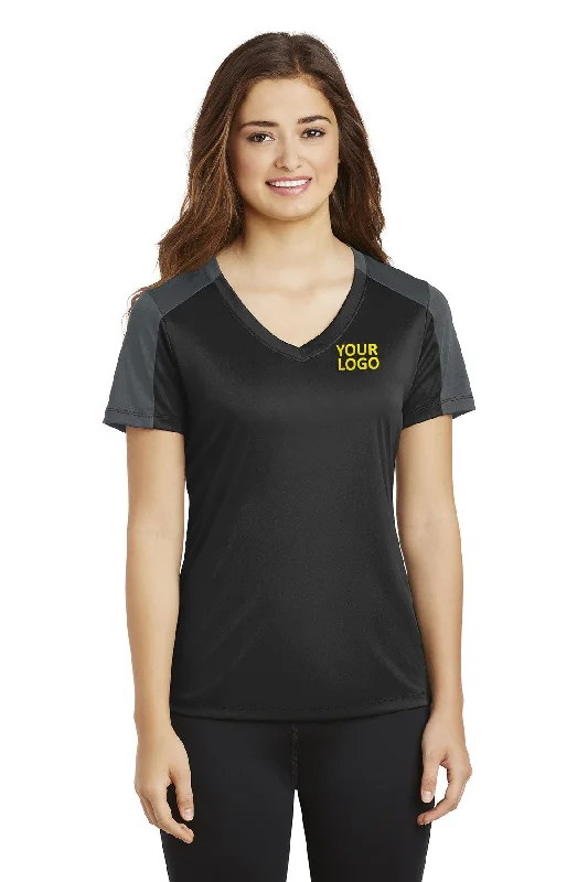 Sport-Tek Ladies PosiCharge Competitor Customized Sleeve-Blocked V-Neck Tee's, Black/ Iron Grey Jersey Fabric Tulle Fabric Batik Fabric