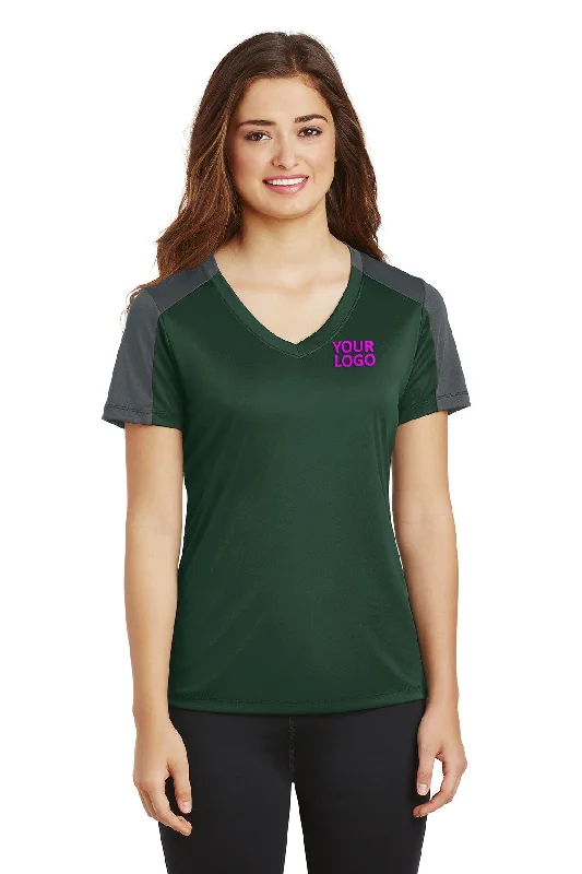 Sport-Tek Ladies PosiCharge Competitor Customized Sleeve-Blocked V-Neck Tee's, Forest Green/ Iron Grey Houndstooth Herringbone Solid