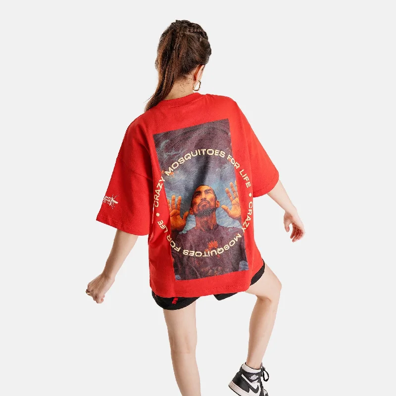 Surfer Oversized Terry T-Shirt in Red - Womens Notch Collar Peter Pan Collar Cowl Neck