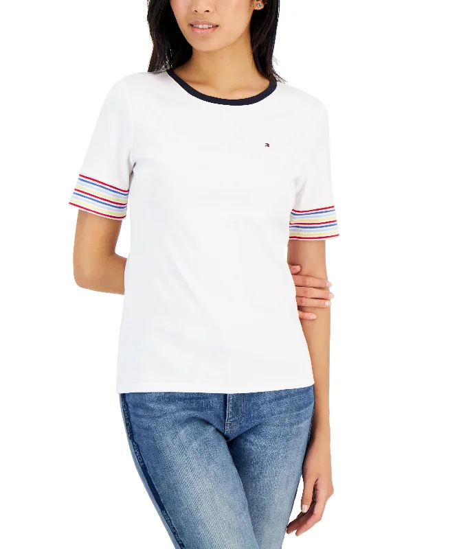 Tommy Hilfiger Womens Cotton Striped Sleeve T-Shirt Rayon Fabric Velvet Fabric Corduroy Fabric