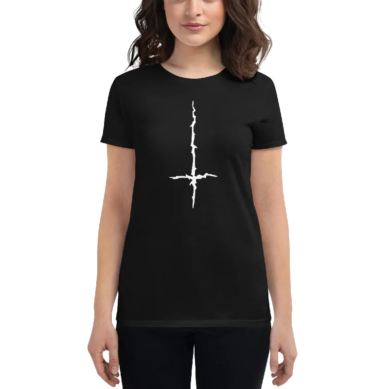 White Melting Inverted Cross Black Metal Women's Short Sleeve Babydoll T-shirt Zippered Front Buttoned Front Snap Front