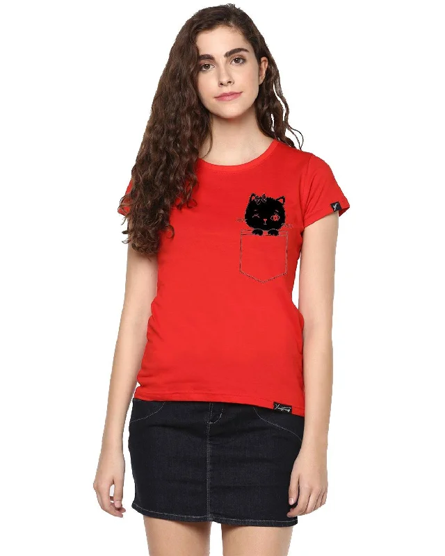 Womens Half Sleeve Cat Printed Red Color Tshirts Collared Crew Neck Turtle Neck