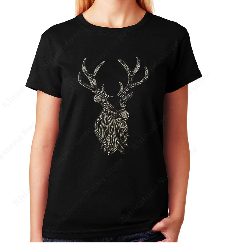 Women's / Unisex T-Shirt with Deer in Rhinestuds and Nailheads Mesh Blend Leather Blend Suede Blend