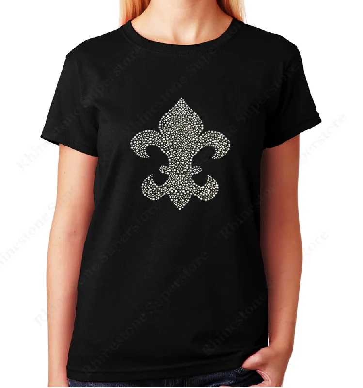 Women's / Unisex T-Shirt with Silver Fleur de lis in Rhinestuds Mesh Blend Leather Blend Suede Blend