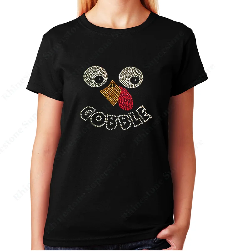 Women's / Unisex T-Shirt with Thanksgiving Turkey Face Gobble in Rhinestones Terry Blend Velvet Blend Canvas Blend